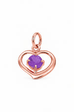 February birthstone open love heart charm pendant in rose gold