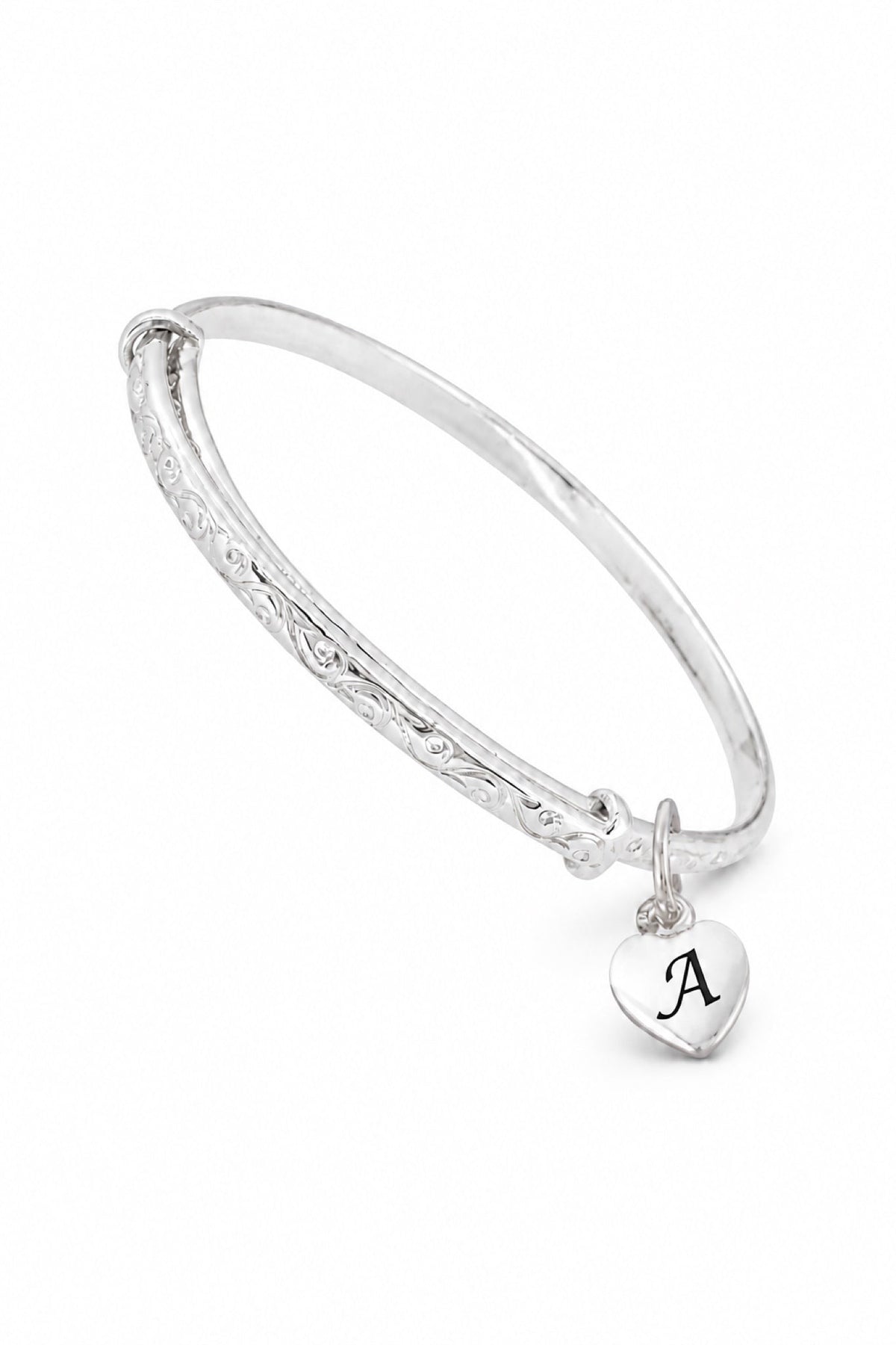 Sterling silver bangle with oxidised A engraving