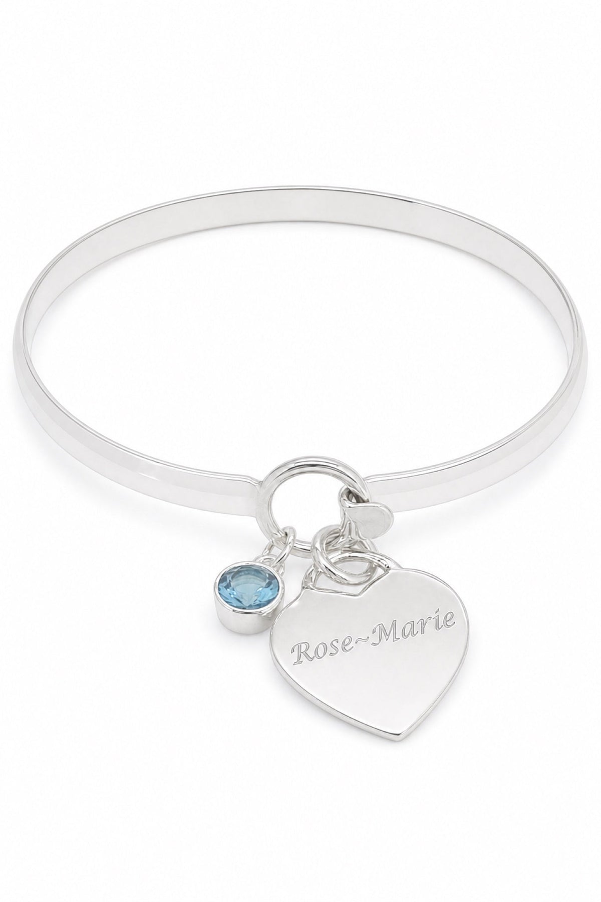 Sterling silver birthstone bangle with Rose-Marie natural engraving