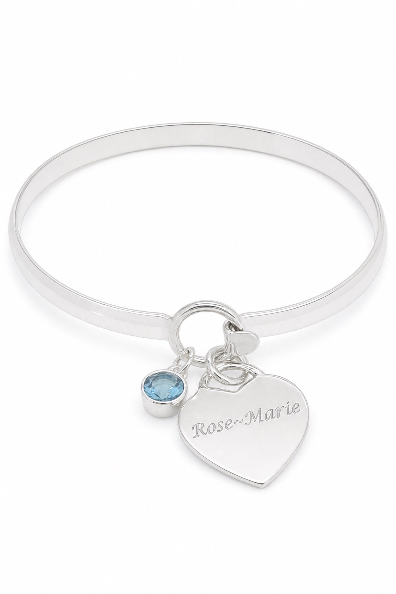 Sterling silver birthstone bangle with Rose-Marie natural engraving
