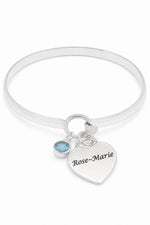 Sterling silver birthstone bangle with Rose-Marie oxidised engraving