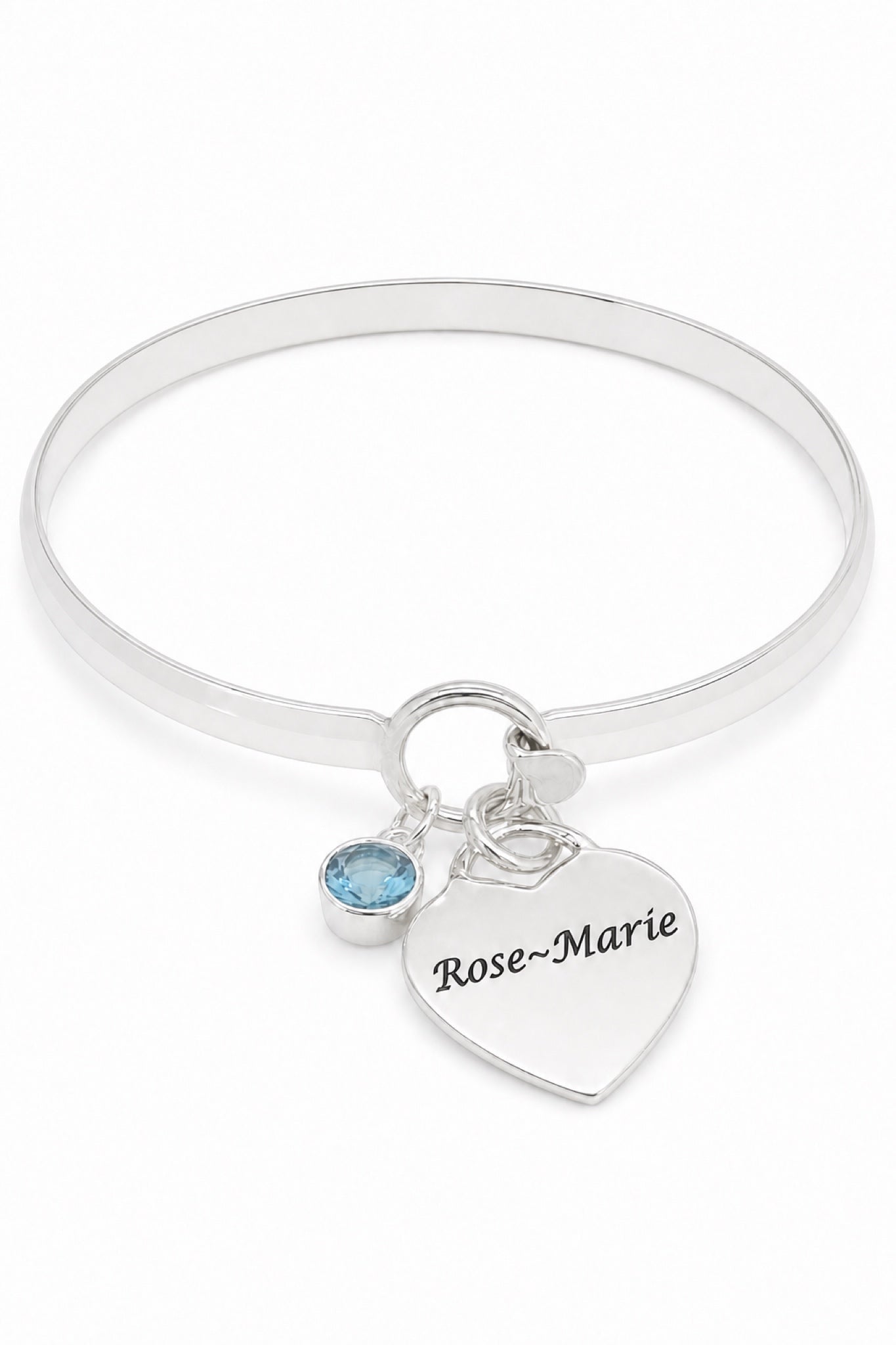 Sterling silver birthstone bangle with Rose-Marie oxidised engraving