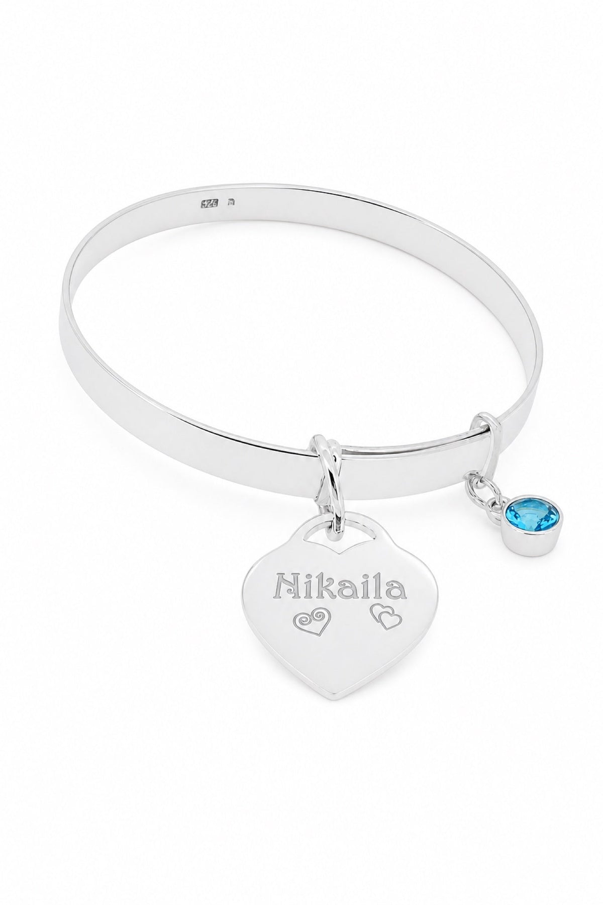 Sterling silver birthstone bangle with Nikaila natural engraving