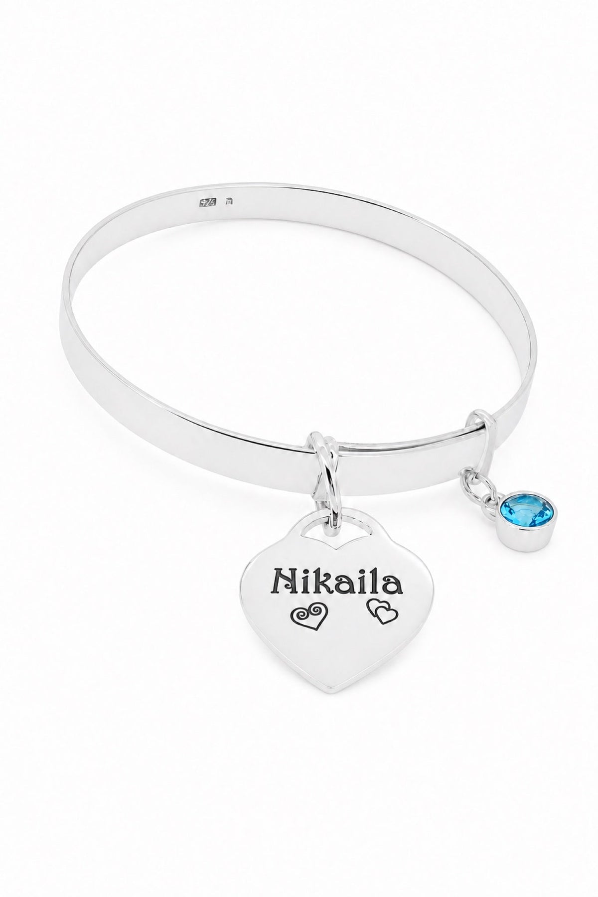 Sterling silver birthstone bangle with Nikaila oxidised engraving