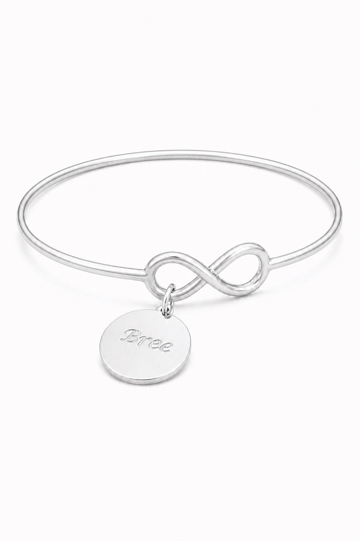 Smooth sterling silver infinity bangle with Bree natural engraving