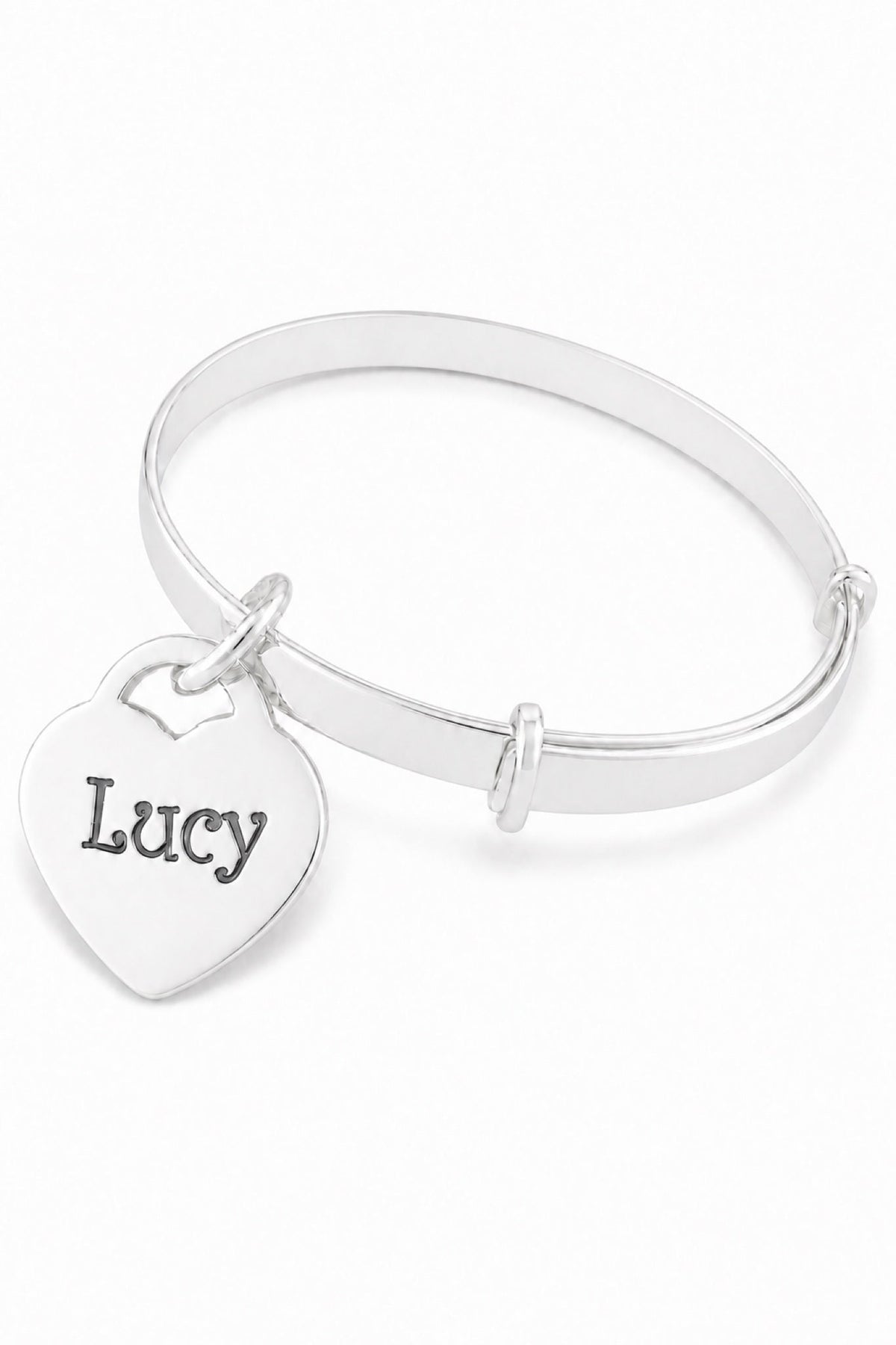 Smooth sterling silver bangle with Lucy oxidised engraving