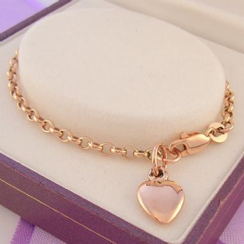 9CT ROSE GOLD 8mm HEART 15cm ADJUST SIZE BELCHER CHARM BRACELET -BO1-HR1980