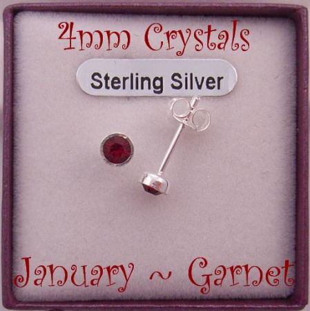 JANUARY GARNET STERLING SILVER 4mm CRYSTAL EARRINGS