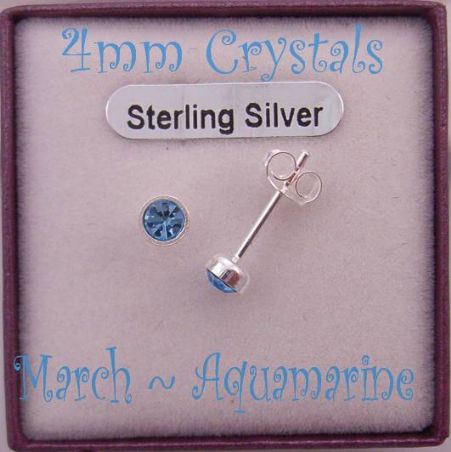 MARCH AQUAMARINE BLUE STERLING SILVER 4mm CRYSTAL EARRINGS