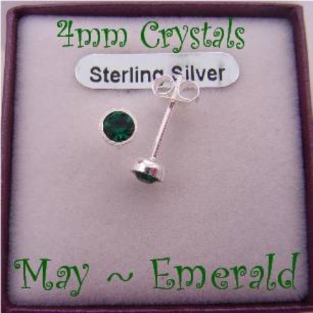 MAY EMERALD GREEN BIRTHSTONE STERLING SILVER 4mm CRYSTAL EARRINGS