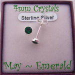 MAY EMERALD GREEN BIRTHSTONE STERLING SILVER 4mm CRYSTAL EARRINGS