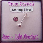 JUNE LIGHT AMETHYST BIRTHSTONE STERLING SILVER 4mm CRYSTAL EARRING