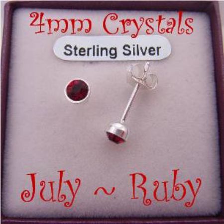 JULY RUBY RED BIRTHSTONE STERLING SILVER 4mm CRYSTAL EARRINGS