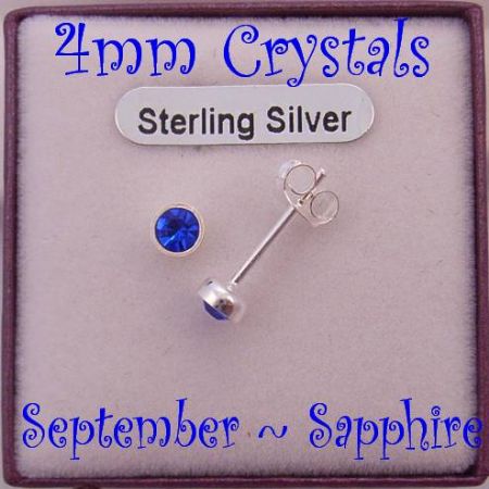 SEPTEMBER SAPPHIRE BIRTHSTONE STERLING SILVER 4mm CRYSTAL EARRINGS