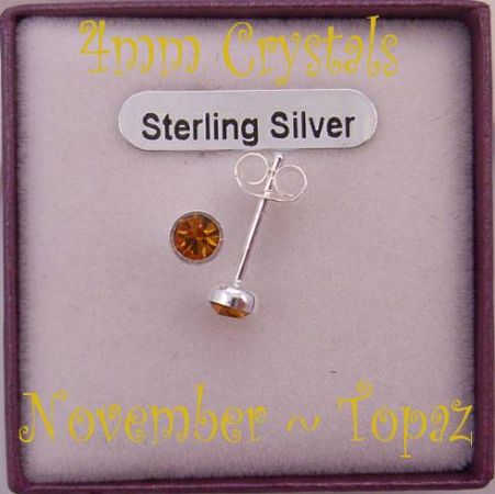 NOVEMBER TOPAZ BIRTHSTONE STERLING SILVER 4mm CRYSTAL EARRINGS