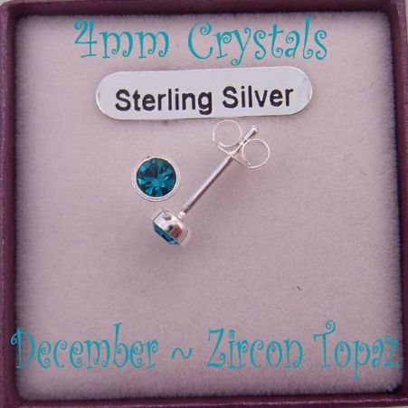 DECEMBER ZIRCON BIRTHSTONE STERLING SILVER 4mm CRYSTAL EARRINGS