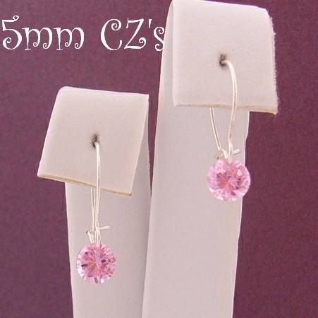 STERLING SILVER 5MM PINK CZ DROP SAFETY HOOK EARRINGS
