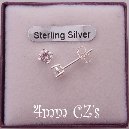 STERLING SILVER 4mm MANMADE DIAMOND CZ CUBIC ZIRCONIA STUD EARRINGS