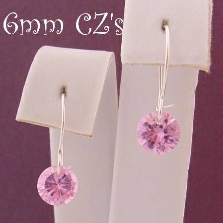 STERLING SILVER 6MM PINK CZ DROP SAFETY HOOK EARRINGS