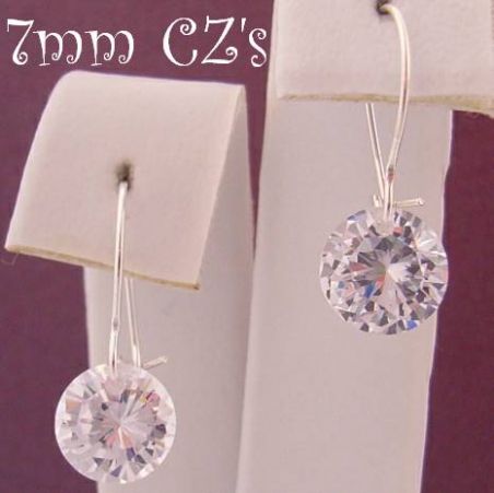 STERLING SILVER 7MM CZ DROP SAFETY HOOK EARRINGS