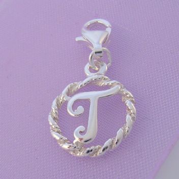 STERLING SILVER 12mm ALPHABET INITIAL CLIP ON CHARM LETTER T -CH-SS-HR1171-T
