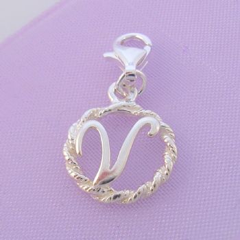 STERLING SILVER 12mm ALPHABET INITIAL CLIP ON CHARM LETTER V -CH-SS-HR1171-V