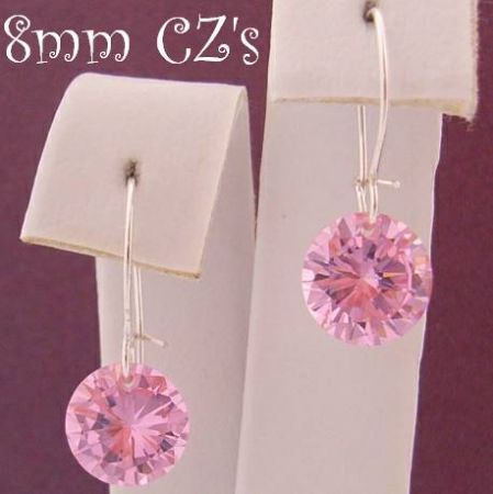 STERLING SILVER 8MM PINK CZ DROP SAFETY HOOK EARRINGS