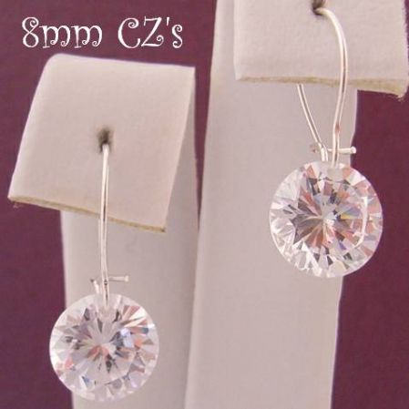 STERLING SILVER 8MM CZ DROP SAFETY HOOK EARRINGS