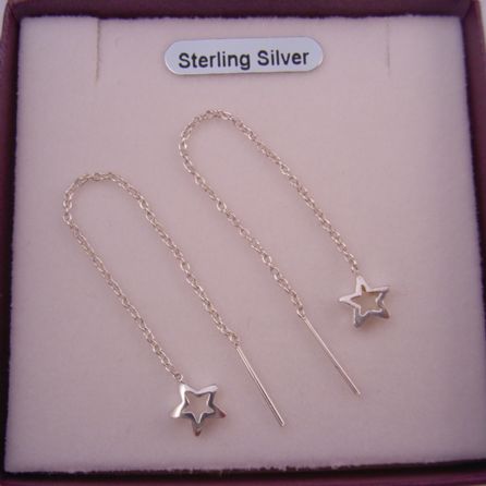STERLING SILVER STAR CHARM THREAD EARRINGS CHAIN DESIGN