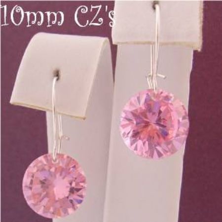 STERLING SILVER 10MM PINK CZ DROP SAFETY HOOK EARRINGS