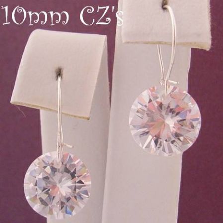 STERLING SILVER 10MM CZ DROP SAFETY HOOK EARRINGS
