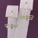 STERLING SILVER 14mm LIME GREEN ENAMEL GLAZED DRAGONFLY CZ HOOK EARRINGS