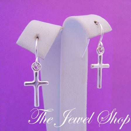 STERLING SILVER 8mm x 15mm CROSS CHARM HOOK EARRINGS