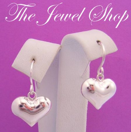 STERLING SILVER 14mm PUFFED HEART CHARM HOOK EARRINGS