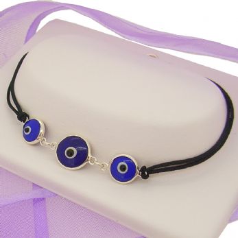 STERLING SILVER EVIL EYE CHARM CORD FRIENDSHIP BRACELET -BLET-7mm10mmEVIL EYE-BLK