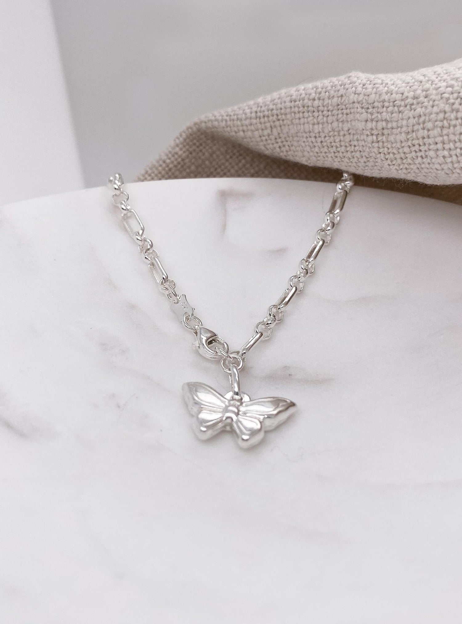 Butterfly Charm Figaro Belcher Bracelet in Sterling Silver