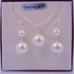 STERLING SILVER 6mm & 10mm WHITE FAUX PEARL DROP HOOK EARRINGS and MATCHING 10mm PEARL DROP NECKLACE