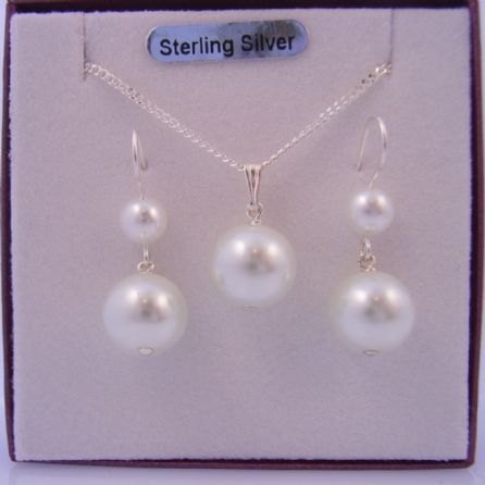 STERLING SILVER 6mm & 10mm WHITE FAUX PEARL DROP HOOK EARRINGS and MATCHING 10mm PEARL DROP NECKLACE