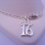 STERLING SILVER SWEET 16 CHARM CURB BRACELET 19cm