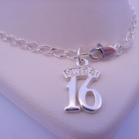 STERLING SILVER SWEET 16 CHARM CURB BRACELET 19cm
