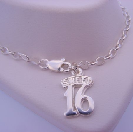 STERLING SILVER SWEET 16 CHARM BELCHER BRACELET 19cm