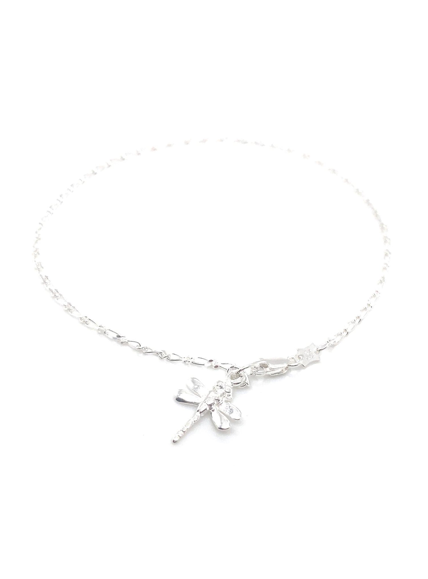 Sterling Silver 13mm Dragonfly Figaro Curb Chain Anklet 25cm