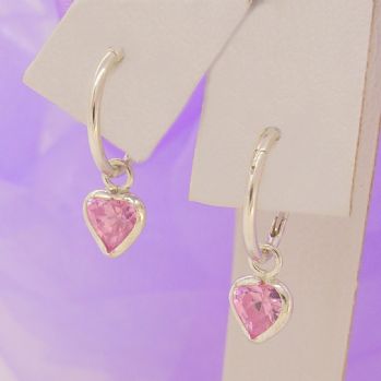 STERLING SILVER 5mm PINK CZ HEART 8mm SLEEPER EARRINGS -E-SS-8mmSLP-5mmCZheart-pink