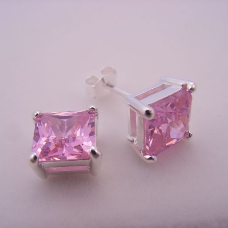 7mm PINK CZ PRINCESS CUT STERLING SILVER EARRINGS