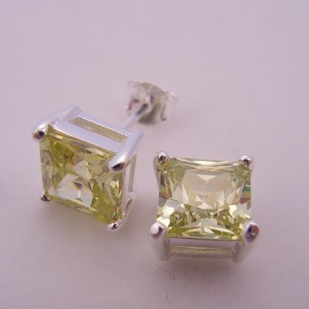 PERIDOT GREEN COLORED CZ PRINCESS CUT STERLING SILVER EARRINGS