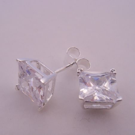 7mm CZ PRINCESS CUT STERLING SILVER EARRINGS