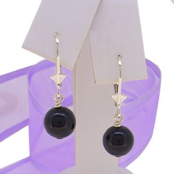 STERLING SILVER 8mm BLACK ONYX BALL SAFETY LEVERBACK HOOK EARRINGS