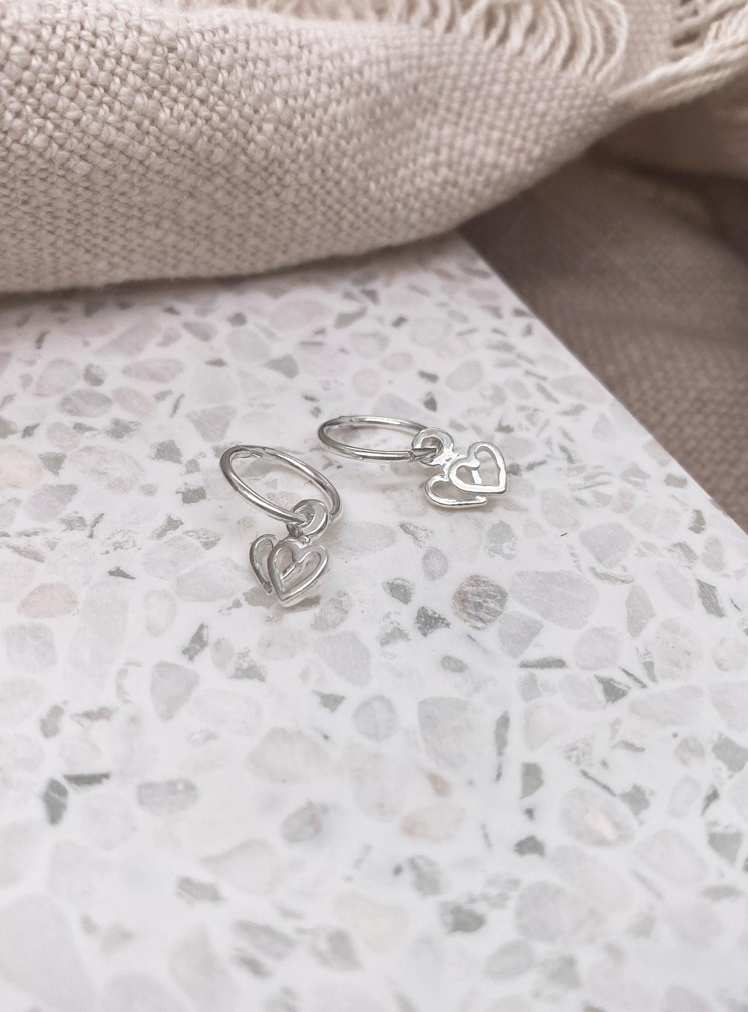 Sterling Silver 7mm Double Hearts Charm 8mm Sleeper Earrings
