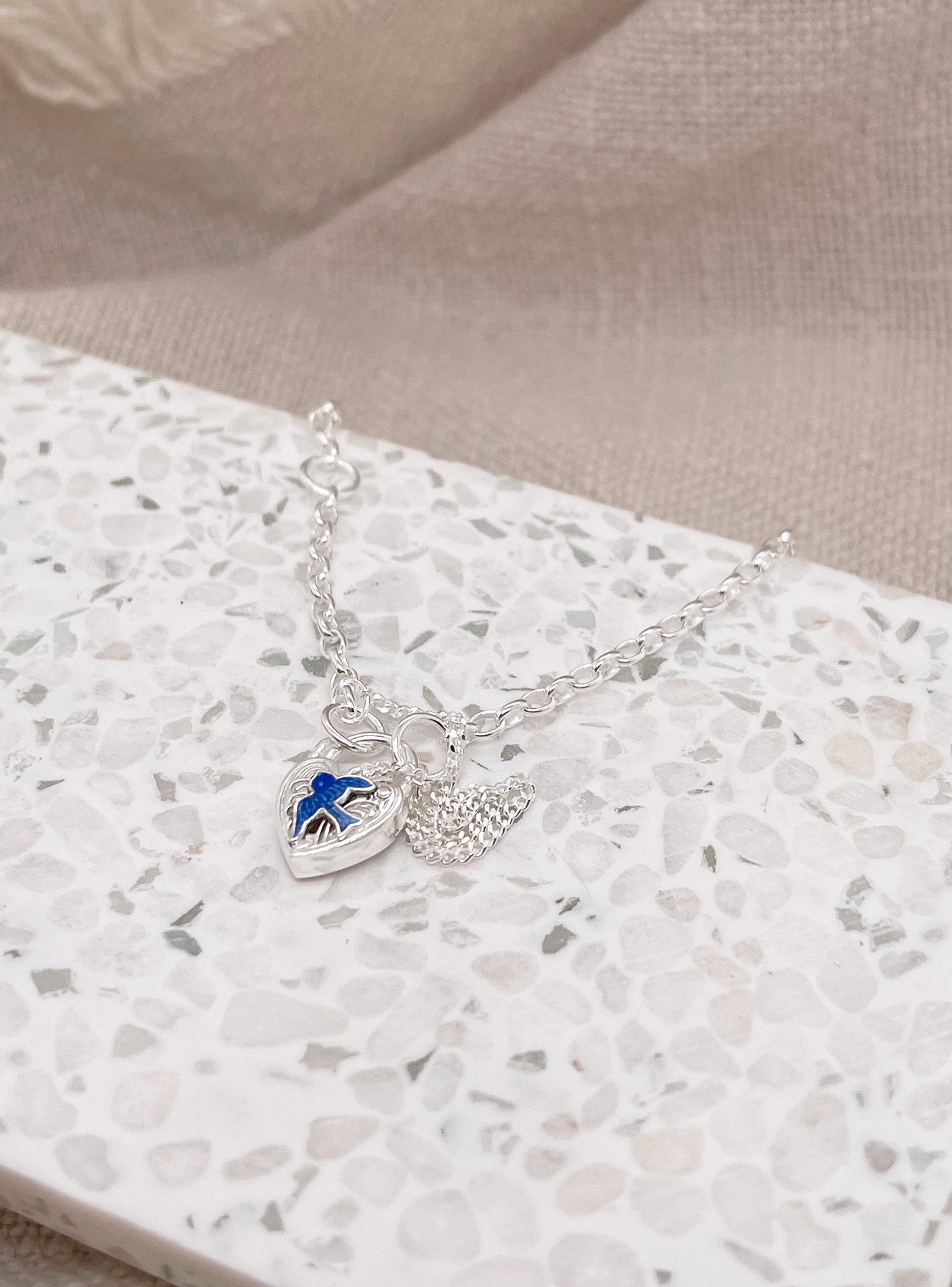 Sterling Silver Bluebird of Happiness Charm Belcher Padlock Bracelet 16cm