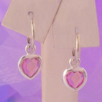STERLING SILVER 7mm PINK CZ HEART 10mm SLEEPER EARRINGS -E-SS-10mmSLP-7mmCZheart-pink